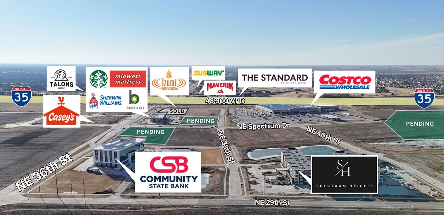 Spectrum 36 site plan showing Costco, The Standard, CSB Community State Bank, Spectrum Heights, and other tenants along Interstate 35